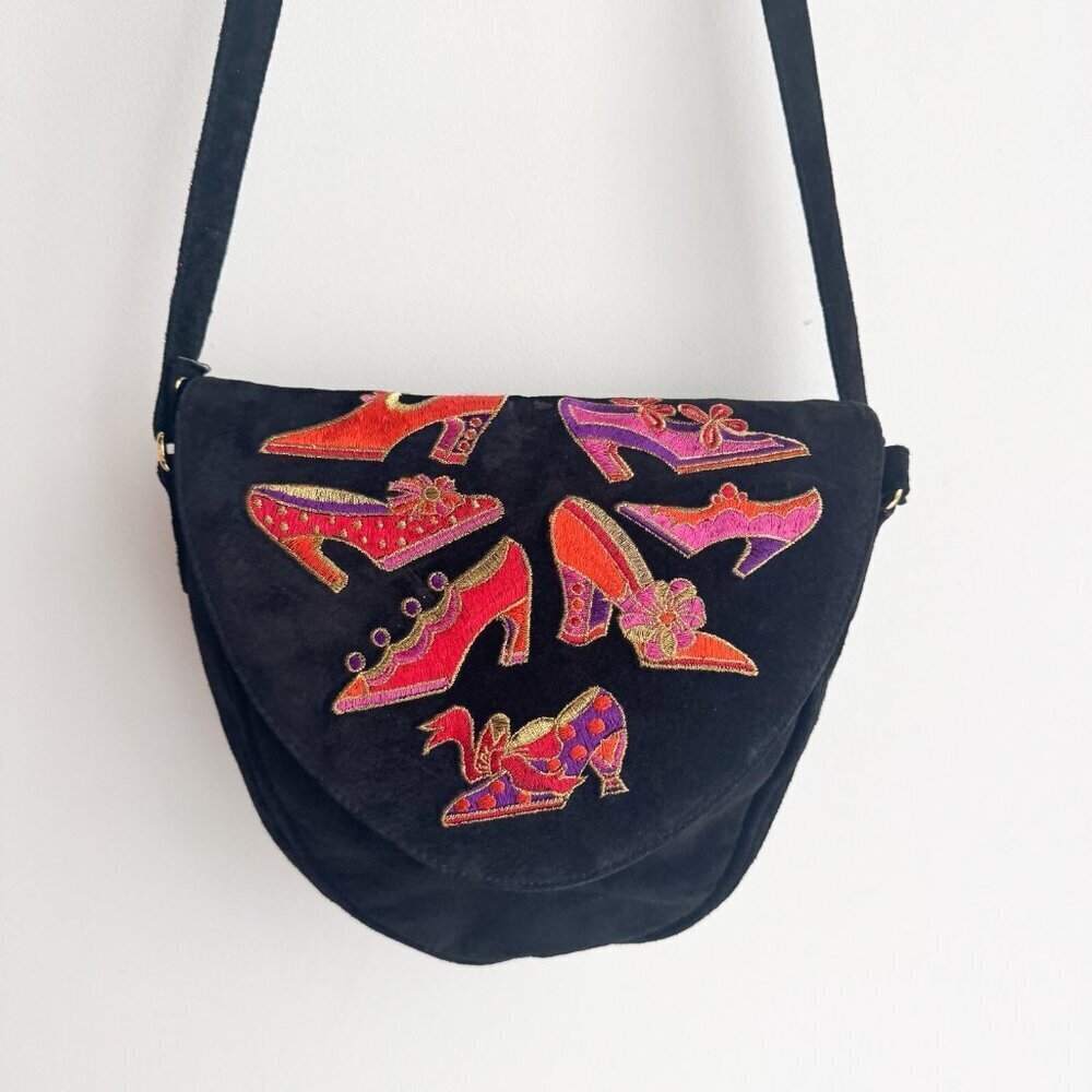 Vintage J. Renee Black Suede Shoe Embroidered Oval Crossbody Bag